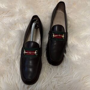 Vintage Gucci Dark Brown Leather Loafers with Green and Red Stripe